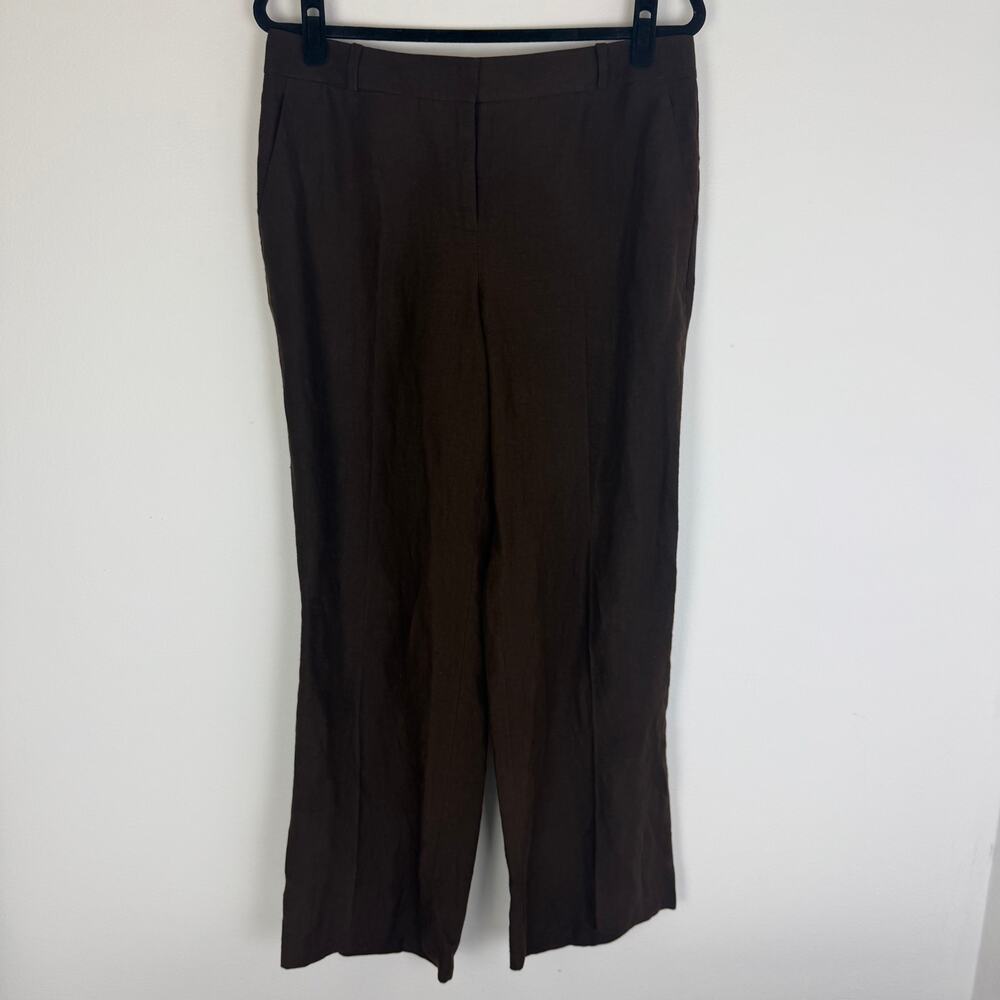 Talbots Womens Signature Flat Front Wide Leg Linen Office Career Brown Pants 10